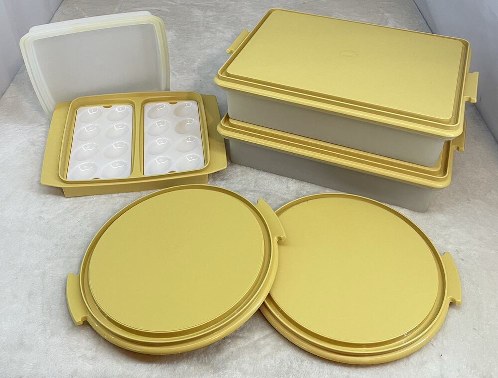 VTG Tupperware Lot Sheet Cake x2 Deviled Egg Tray Round Lids Harvest Gold Yellow